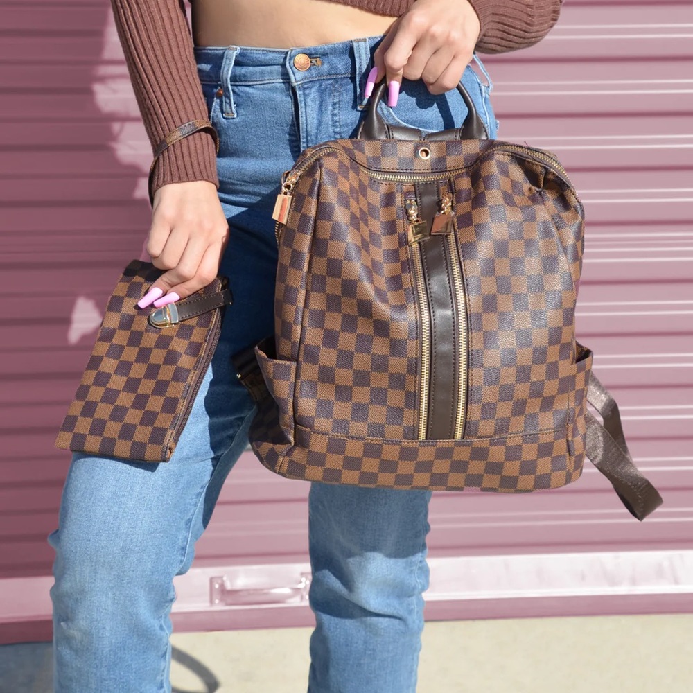 Brown Checkered Backpack - GlamFox